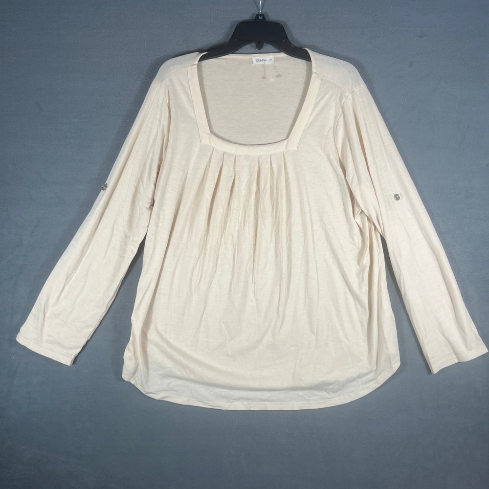 Siddhe Womens Top 2XL Cream Solid Relaxed Long Roll Tab Sleeve Pleated Front